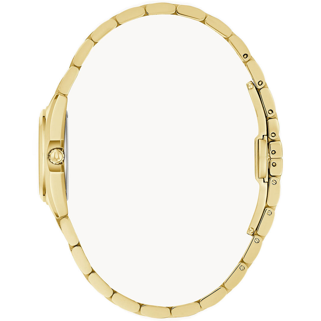 Side view of the Bulova Surveyor Quartz 23mm Watch, featuring a gold-tone stainless steel case and slim metal bracelet, showcasing the thickness of the watch and links against a white background. Brand: Bulova.