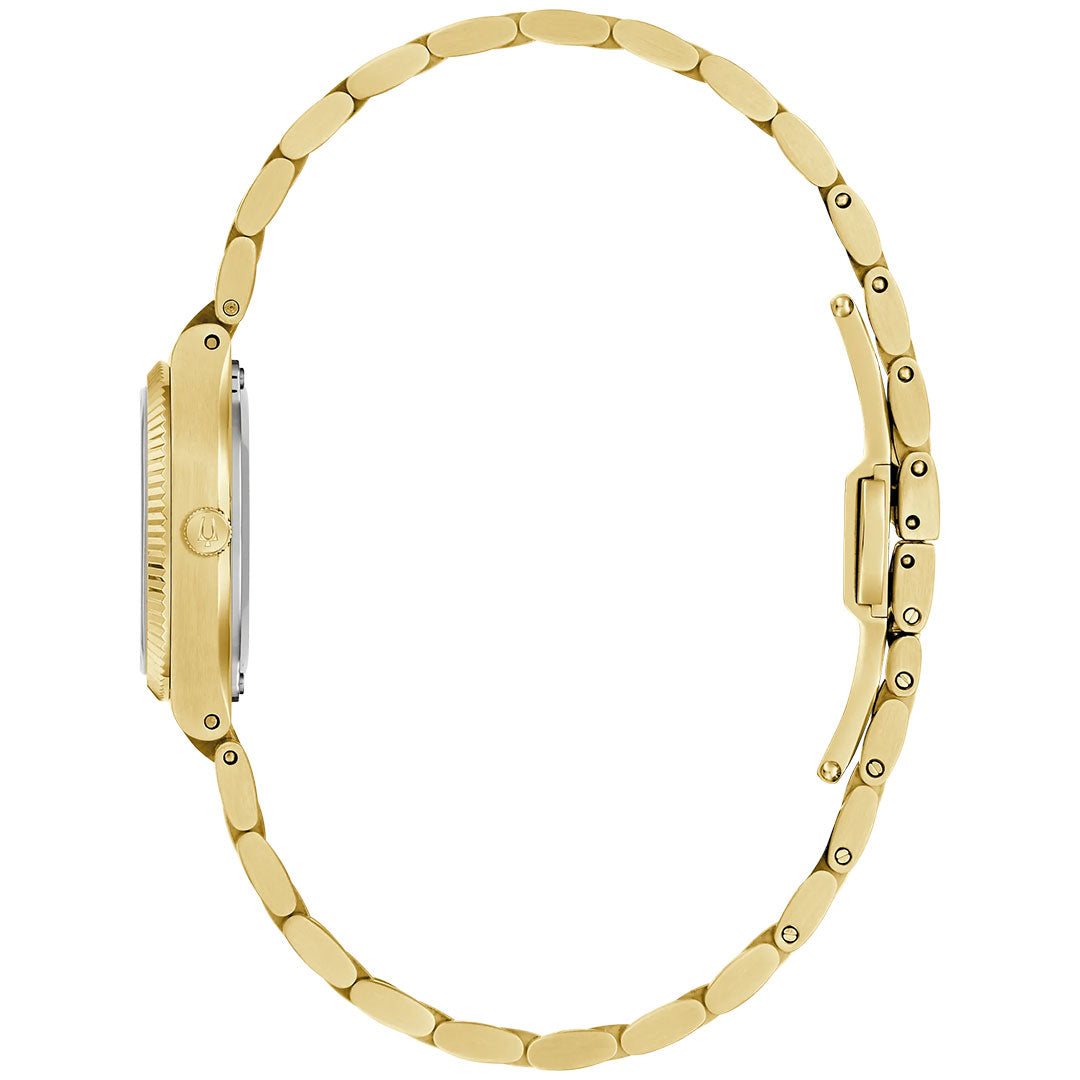 Side view of the Bulova Super Seville Mini Quartz 25mm women's watch, showing a gold-tone stainless steel bracelet with slim oval links and folding clasp; just the case edge and crown from this Bulova timepiece are in sight.