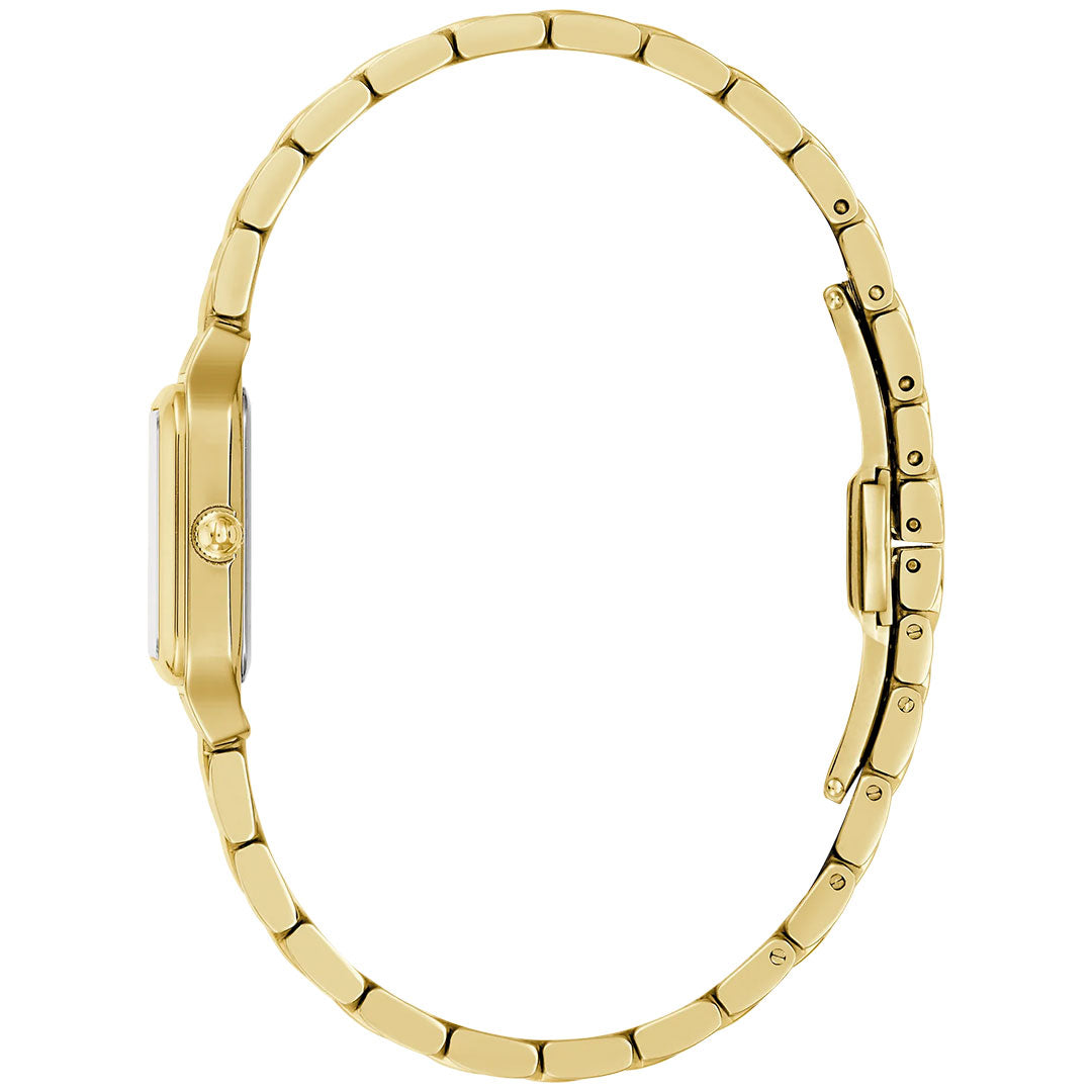 The Bulova Sutton Quartz 23mm Watch for women is pictured from the side, showcasing its slim gold-tone stainless steel case, small round crown, metal link bracelet, and secure clasp.