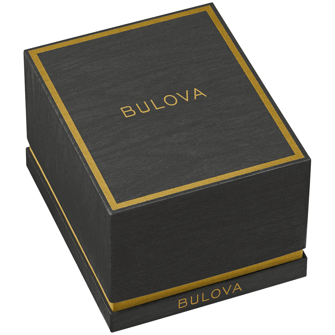 A black Bulova watch box with gold accents and the Bulova logo in gold on the top and side, perfect for presenting a Bulova Marc Anthony Harmony Quartz 14mm Watch in style.