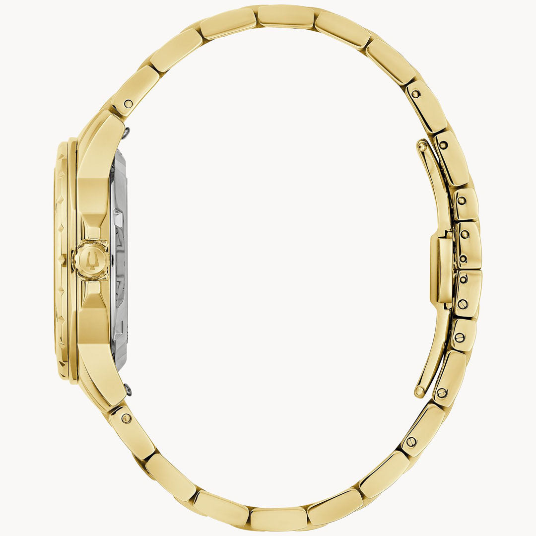 Side view of the Bulova Marine Star Automatic 35mm Watch, showcasing a gold-tone stainless steel wristwatch with a linked bracelet. The case and bracelet are sleek and boast a polished finish. A prominent crown enhances the side of the watch case, perfectly complementing its mother-of-pearl dial for an elegant appearance.