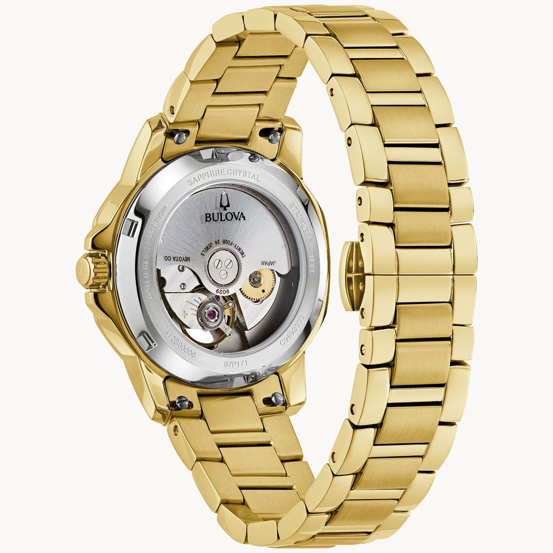 The Bulova Marine Star Automatic 35mm Watch offers a glimpse of its intricate mechanical movement through its transparent case back, showcasing engineering excellence and elegance with its gold-tone stainless steel bracelet.