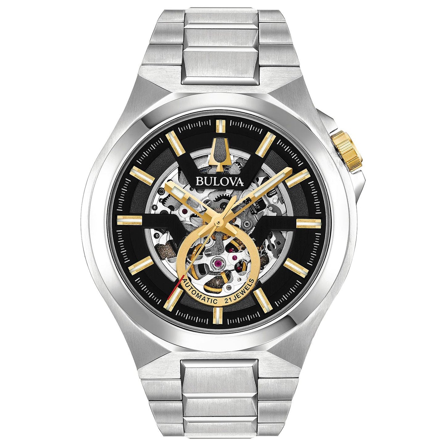 The Bulova Maquina Automatic 46mm Watch features a silver-tone stainless steel band and a black face, elegantly revealing the inner gears. With gold accents on the hands and markers, the watch proudly displays "Automatic" and "21 jewels" on its face, underscoring its automatic movement expertise.