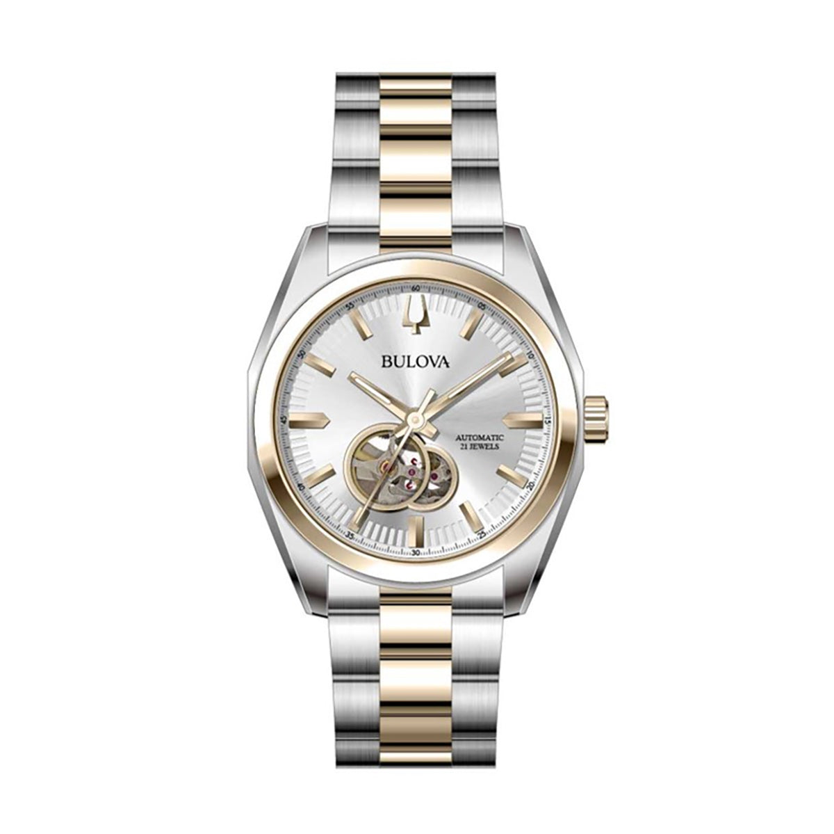 Discover the sophistication of the Bulova Surveyor Automatic 42mm Watch, a men's luxury timepiece with a striking silver and gold two-tone bracelet. Its round face boasts a silver dial adorned with gold markers and an open-heart window, offering a glimpse of its intricate movement. The stainless steel case underscores the elegance and craftsmanship that Bulova is renowned for.