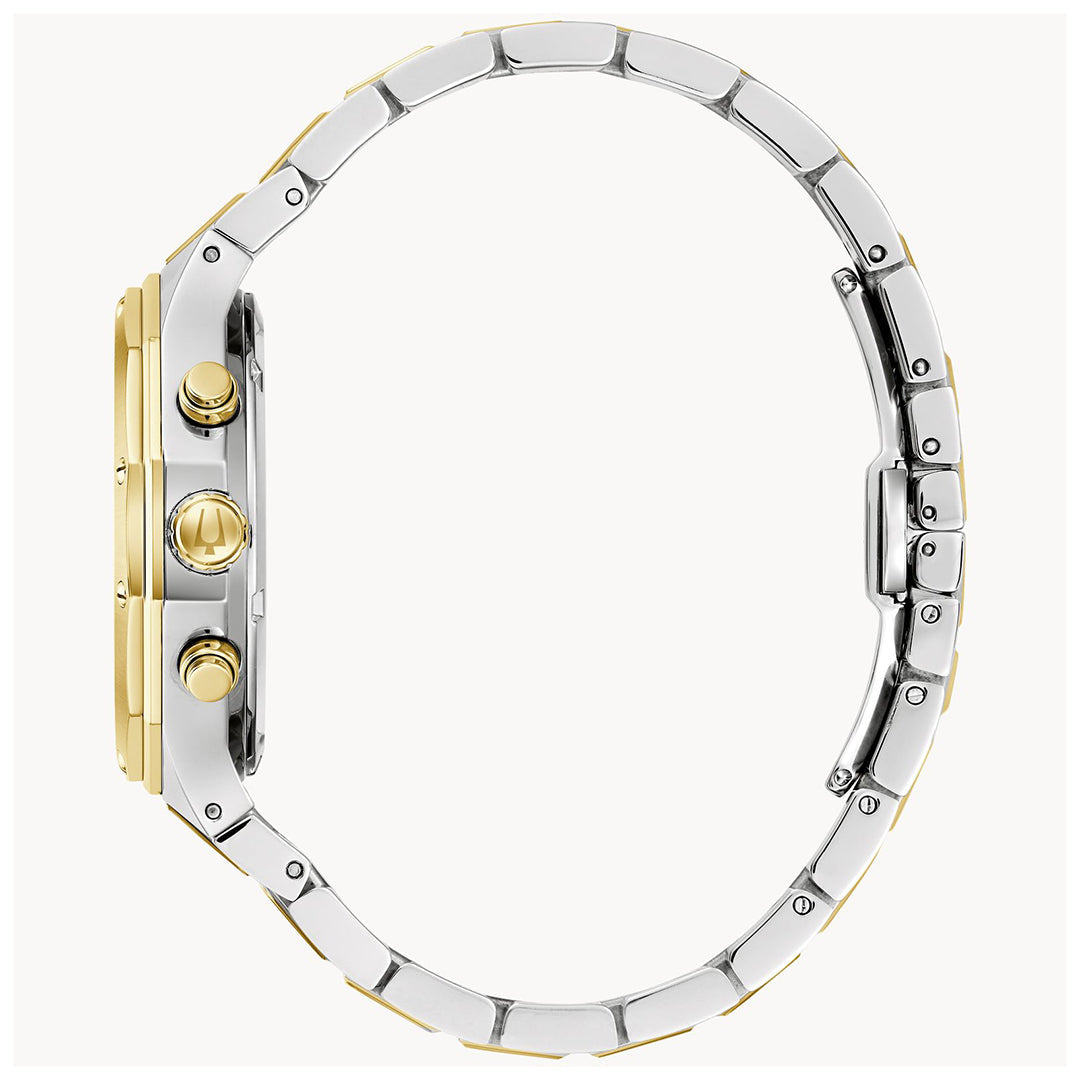 Side view of the Bulova Prestige Classic Quartz 40mm Watch, featuring a two-tone gold and silver bracelet. The stainless steel case side displays two gold buttons and a crown. A secure clasp fastens the elegant band while the hidden watch face suggests sophisticated design.