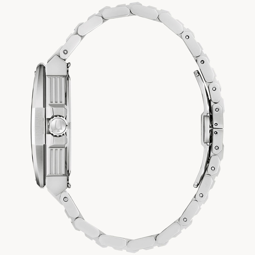 Side view of the Bulova Series X HPQ Precisionist Quartz 42mm men’s watch in silver metal, featuring a linked bracelet, textured case, crown, and deployment clasp by Bulova against a white background.