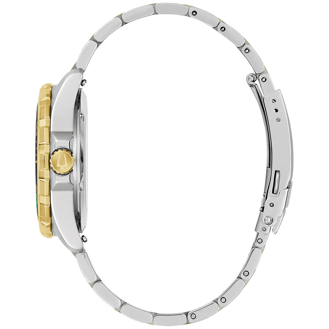 Side view of the Bulova Marine Star Series B Automatic 41mm Watch featuring a silver metal link band, gold bezel and crown, visible clasp, and a slim case profile.