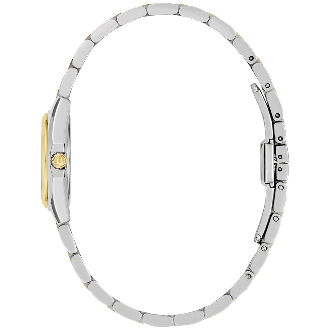 Side view of the Bulova Surveyor Quartz 22.7mm ladies’ watch by Bulova, featuring a two-tone stainless steel thin metal band, round case with gold crown, and deployment clasp. The watch face is not visible.
