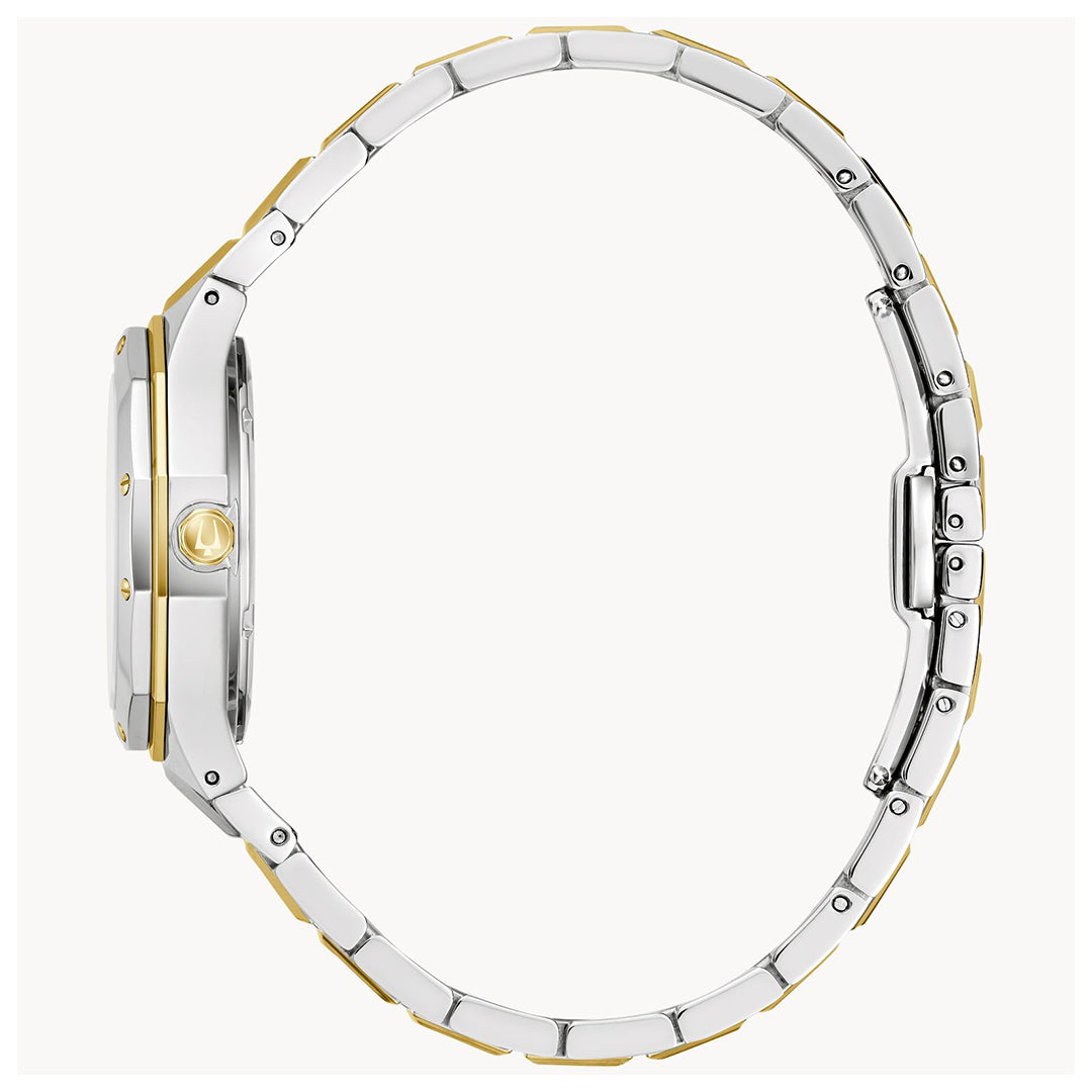 Side view of the Bulova Prestige Classic Quartz 32mm Watch for women, featuring a sleek metal band and round face. This silver and gold timepiece from Bulova is adorned with diamond accents, blending polished tones to highlight its elegant and modern design.