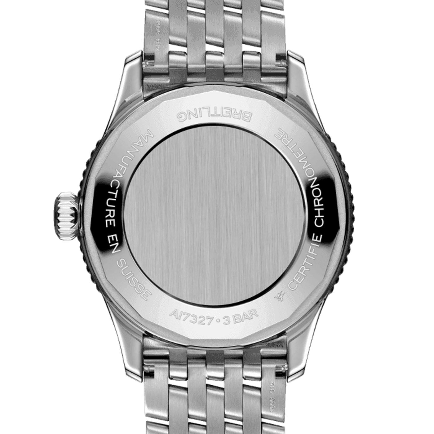 The image displays the back of a wristwatch made from stainless steel, bringing to mind the BREITLING Navitimer Automatic 36 by Breitling. The engraved border includes French text regarding Swiss certification, emphasizing its precision as a timepiece with an elegant metal bracelet.