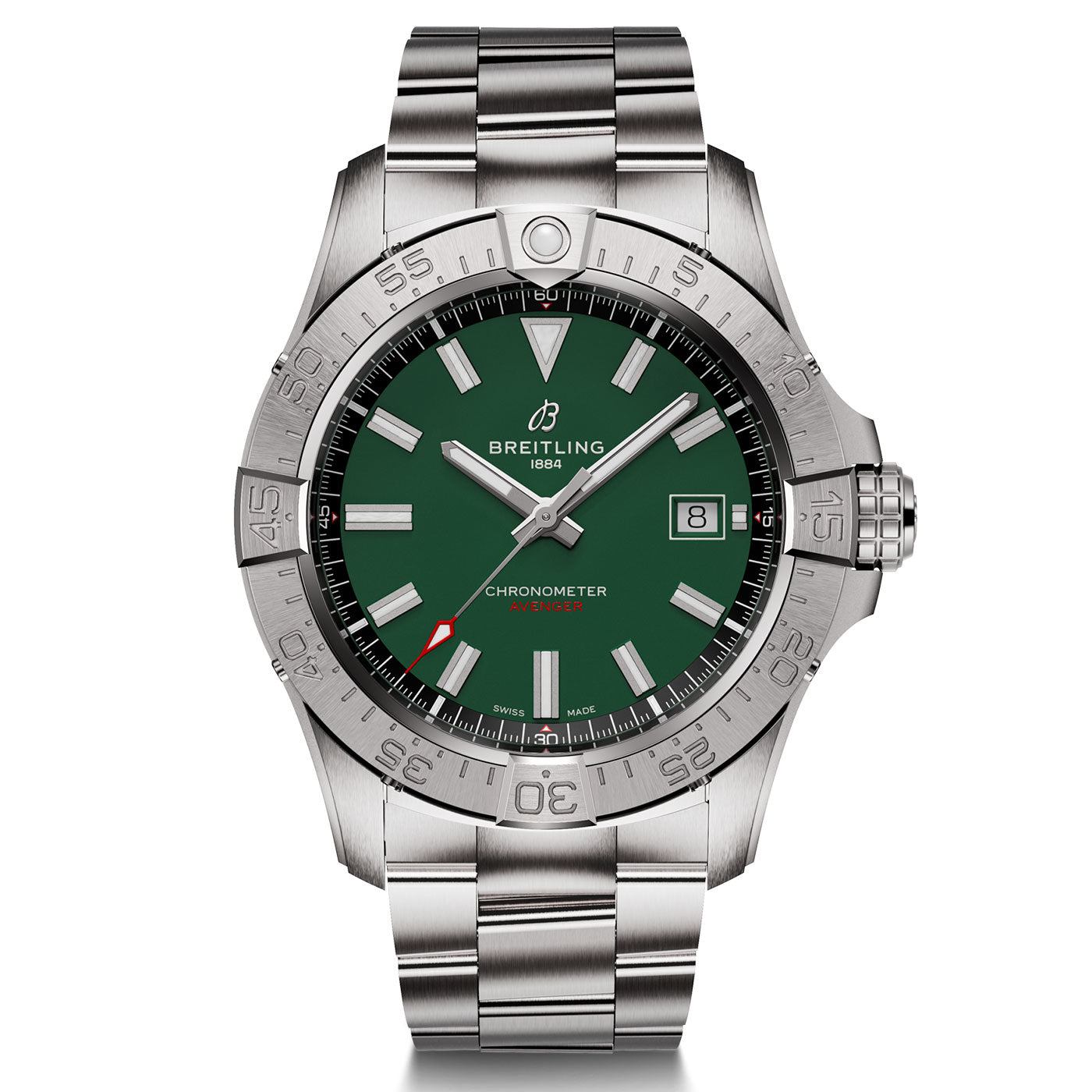 The BREITLING Avenger Automatic 42 wristwatch by Breitling features a striking green face adorned with silver hour markers and hands. A date display is positioned at the 3 o'clock mark, enhanced by a red-tipped seconds hand. Its durable stainless steel band and ridged bezel numerals highlight supersonic strength.