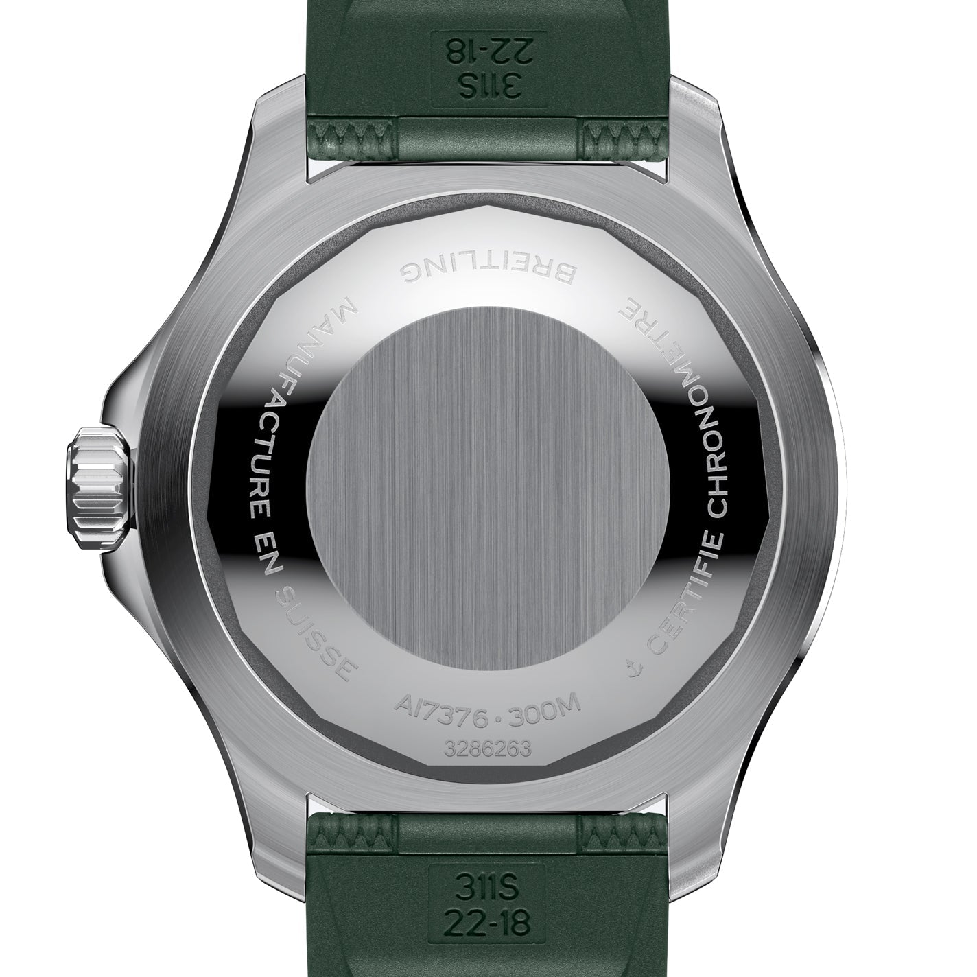 The image displays the back of a BREITLING Superocean Automatic 44, a stainless steel dive watch from Breitling, featuring engraved text. It comes with a green strap and highlights details such as water resistance and its "Manufacture en Suisse" origin. The luminescent indexes enhance its functionality and appeal.