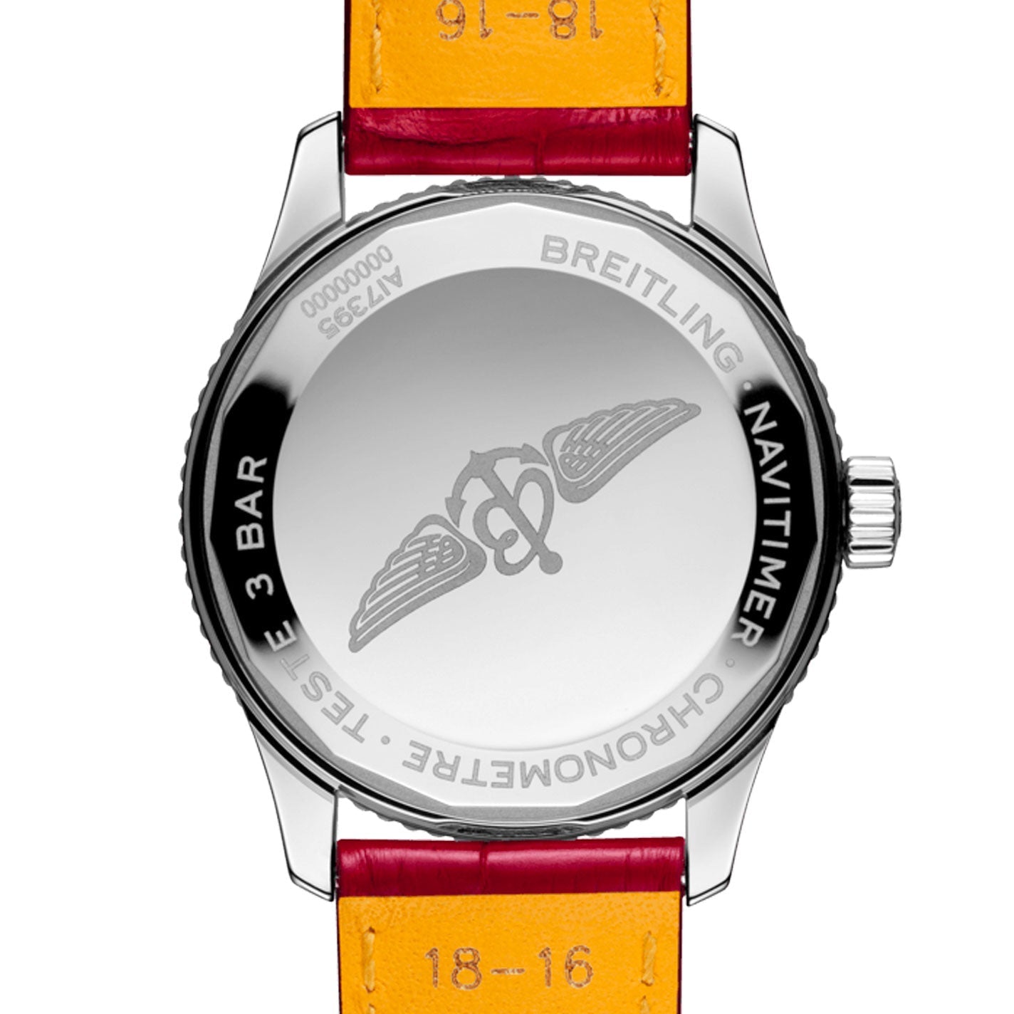 The reverse side of the BREITLING Navitimer Automatic 35 watch displays engraved branding along with an aviation-themed wings logo. It comes with red and orange leather straps featuring visible stitching and size markings, and it is equipped with the COSC-certified chronometer Breitling Caliber 17.