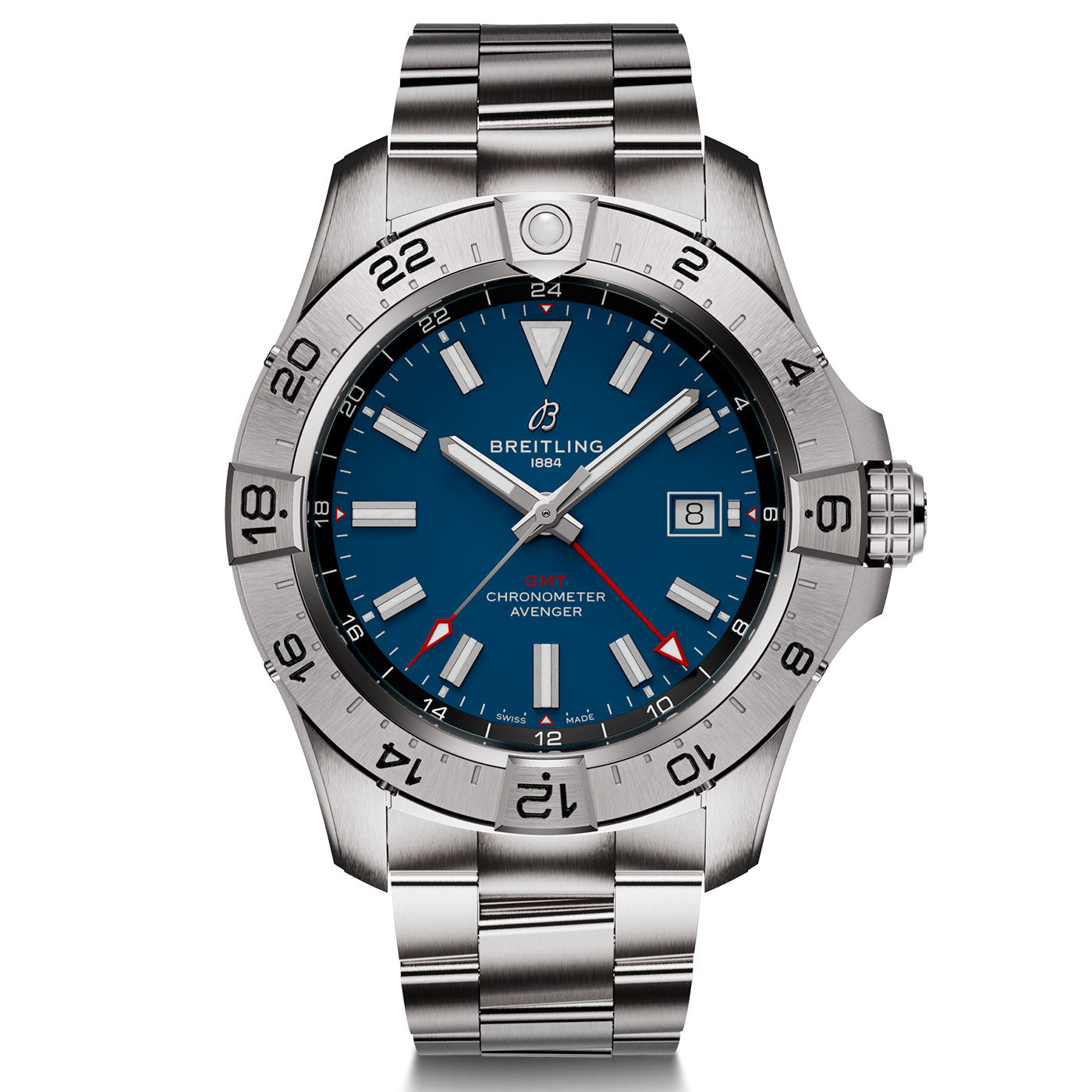 The BREITLING Avenger Automatic GMT 44 by Breitling features a silver stainless steel design with a striking blue dial adorned with white hour markers and hands. It includes a date window at the 3 o'clock position. The vibrant red seconds hand contrasts beautifully against the blue face, while the matching metal bracelet enhances both style and precision.