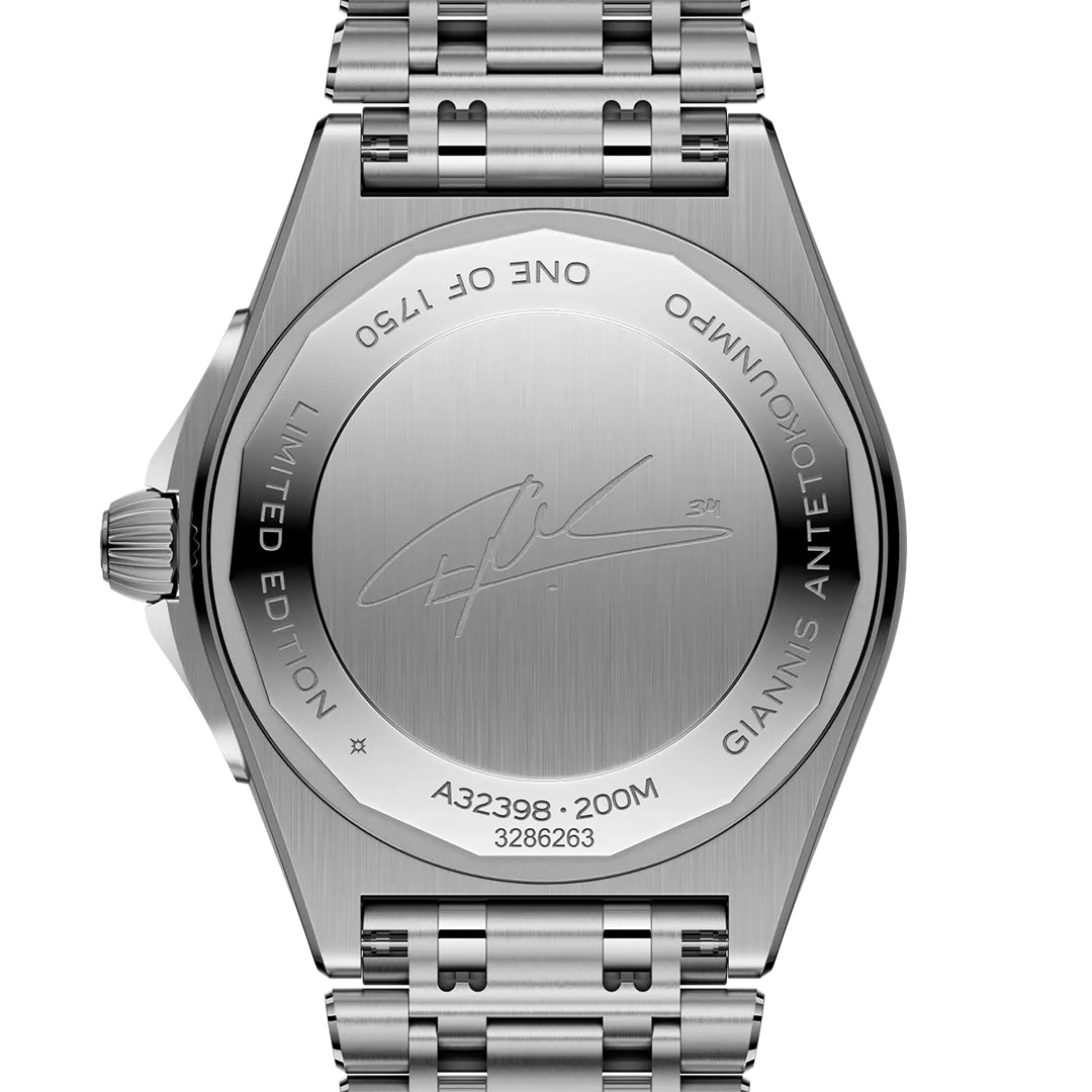 The back of the BREITLING Chronomat Automatic GMT 40 Giannis Antetokounmpo watch is engraved with "Limited Edition," "One of 1750," and Giannis Antetokounmpo's signature. It's water-resistant up to 200M and has serial numbers A32398 and 3286263.