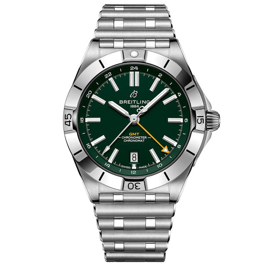 The BREITLING Chronomat Automatic GMT 40 by Breitling features a stainless steel case, green dial, silver markers and hands, yellow second hand, date at 6 o’clock, silver bezel, and metal link bracelet—a sporty tribute to the Green Bay Packers.