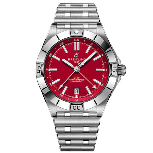 The BREITLING Chronomat Automatic GMT 40 features a bright red dial inspired by the San Francisco 49ers, silver hour markers and hands, date window at 6 o’clock, metal bracelet, and silver bezel with engraved numerals.