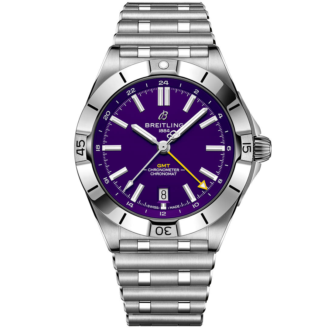 The Breitling Chronomat Automatic GMT 40 features a stainless steel case, metallic band, vibrant purple dial with white hour markers, luminous hands, a date window at 6 o'clock, and a yellow-tipped GMT hand.