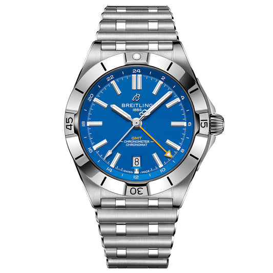 The BREITLING Chronomat Automatic GMT 40 features a stainless steel case, blue dial, silver hour markers, date at 6 o’clock, rotating bezel, and metal link bracelet—a perfect stylish and precise watch for Los Angeles Chargers fans.