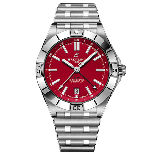 The BREITLING Chronomat Automatic GMT 40 features a stainless steel case, bright red dial with silver markers and hands, date at 6 o’clock, metal link bracelet, and a bezel with minute indicators.