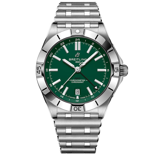 The BREITLING Chronomat Automatic GMT 40 is a stainless steel watch with a green dial, silver hour markers, date at 6 o'clock, rotating bezel, metal bracelet, and "Chronometer" text—part of the Breitling NFL Edition.
