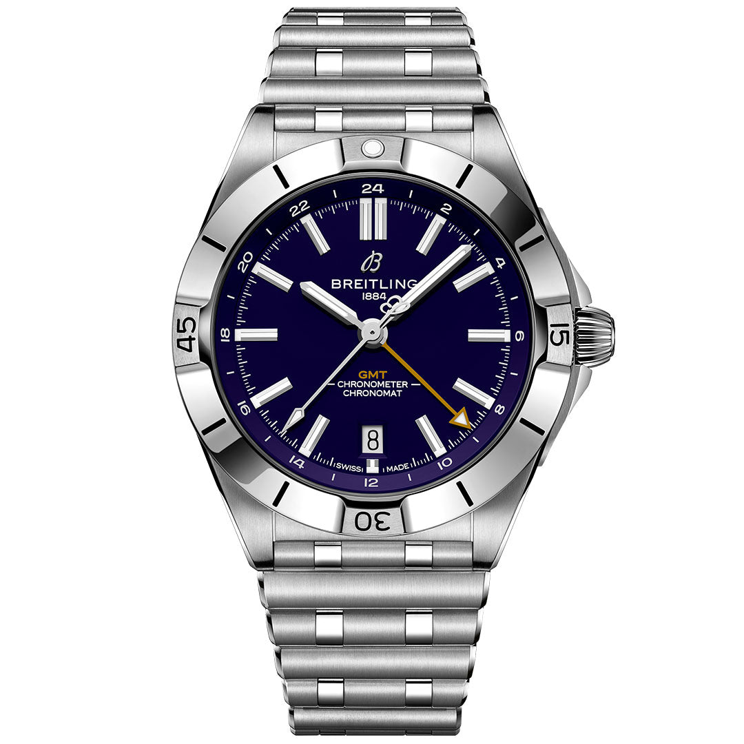 The Breitling Chronomat Automatic GMT 40 features a blue dial, silver hour markers, date at 6 o’clock, and metal link bracelet. With GMT and Chronometer functions, it’s an ideal wristwatch for any Baltimore Ravens fan.