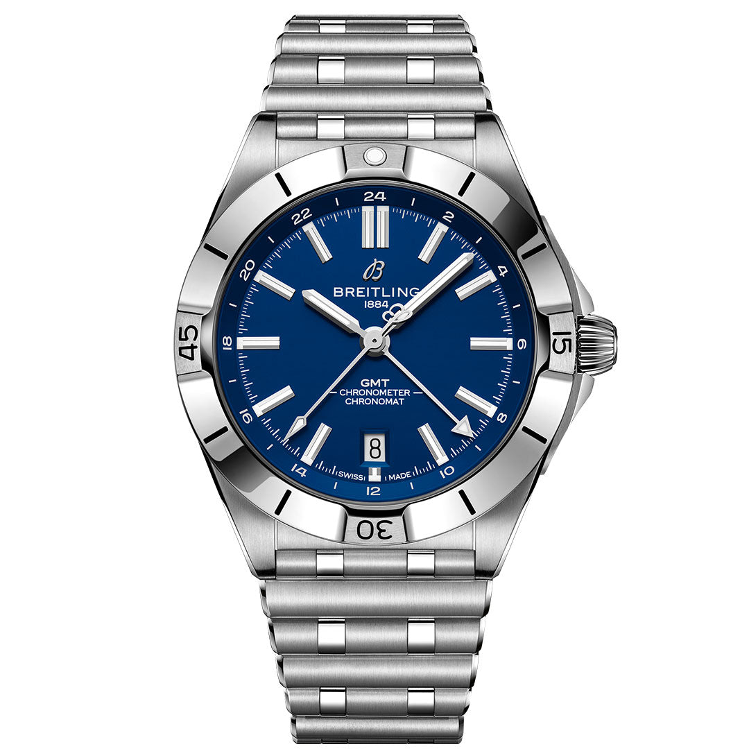 The Breitling Chronomat Automatic GMT 40 features a stainless steel case, blue dial with silver hour markers, numeral-marked bezel, metal bracelet, "Breitling 1884" and "GMT Chronometer Chronomat" on the face, and an Indianapolis Colts motif.