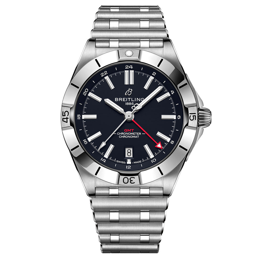 The Breitling Chronomat Automatic GMT 40 is a stainless steel watch featuring a black dial, date window at 6 o’clock, red GMT hand, silver hour markers, and a matching steel link bracelet.