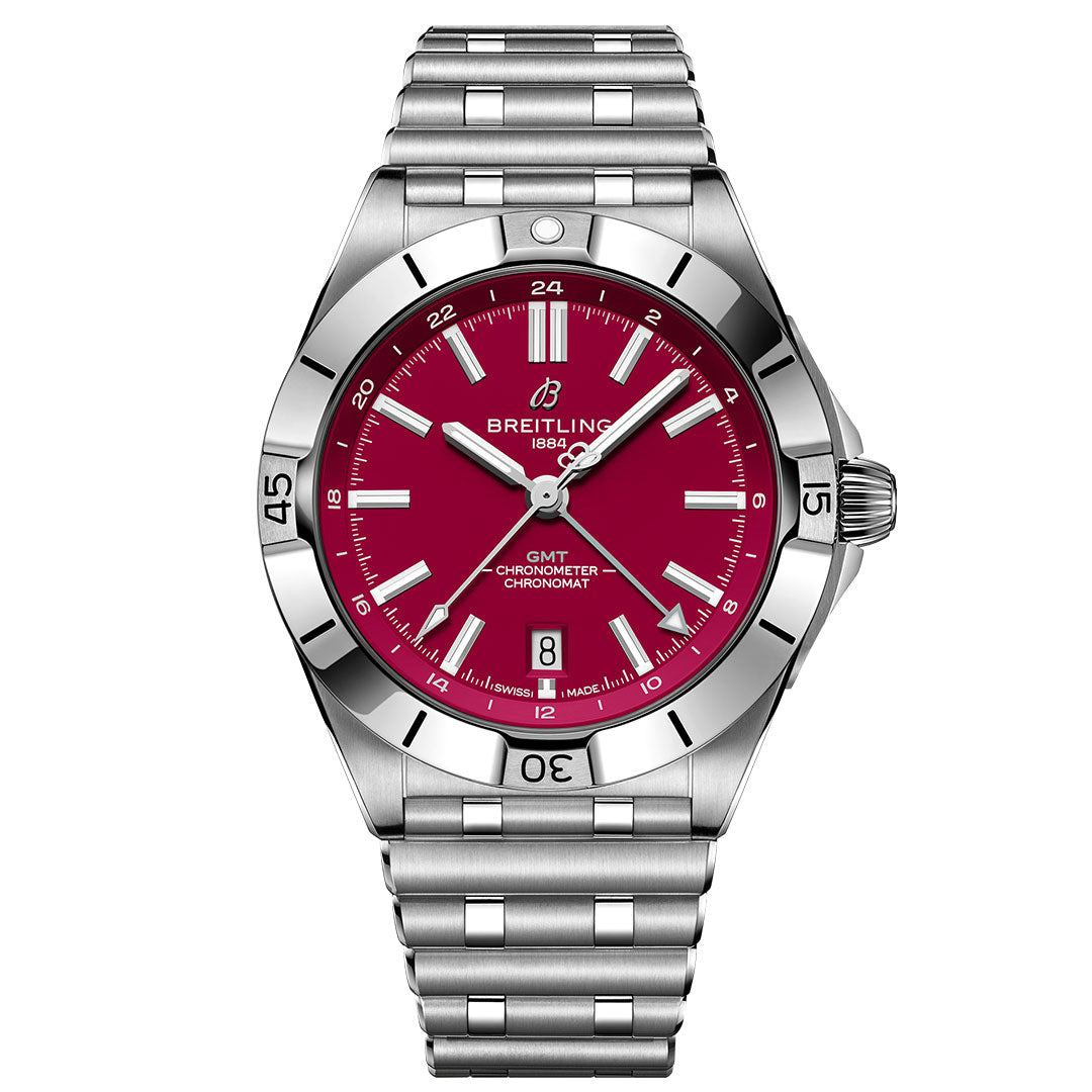 The BREITLING Chronomat Automatic GMT 40 features a stainless steel case, silver metal bracelet, bold red Arizona Cardinals-inspired dial, white hour markers, date at 6 o’clock, and white Breitling logo.