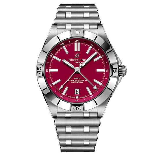 The BREITLING Chronomat Automatic GMT 40 features a stainless steel case, silver metal bracelet, bold red Arizona Cardinals-inspired dial, white hour markers, date at 6 o’clock, and white Breitling logo.
