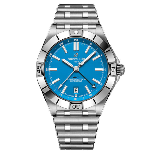 The BREITLING Chronomat Automatic GMT 40 features a stainless steel case, bright blue dial, luminescent silver markers and hands, date at 6 o’clock, minute-marked bezel, and metal link bracelet.