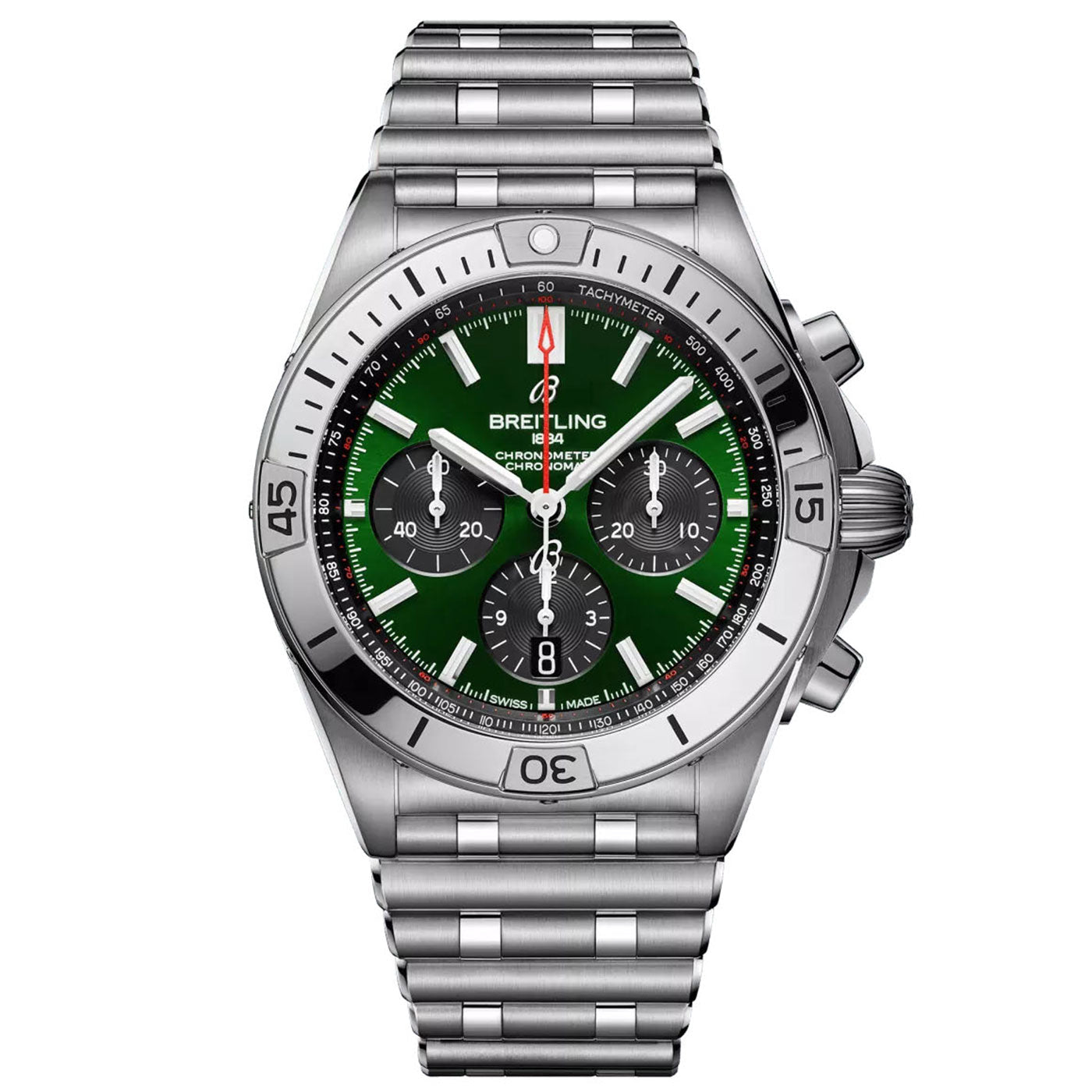 The BREITLING Chronomat B01 42 by Breitling is crafted from stainless steel, featuring a green dial with three subdials and a Rouleaux bracelet. The bezel includes minute markers, and the watch is equipped with a tachymeter scale, exemplifying the elegance of a mechanical timepiece.