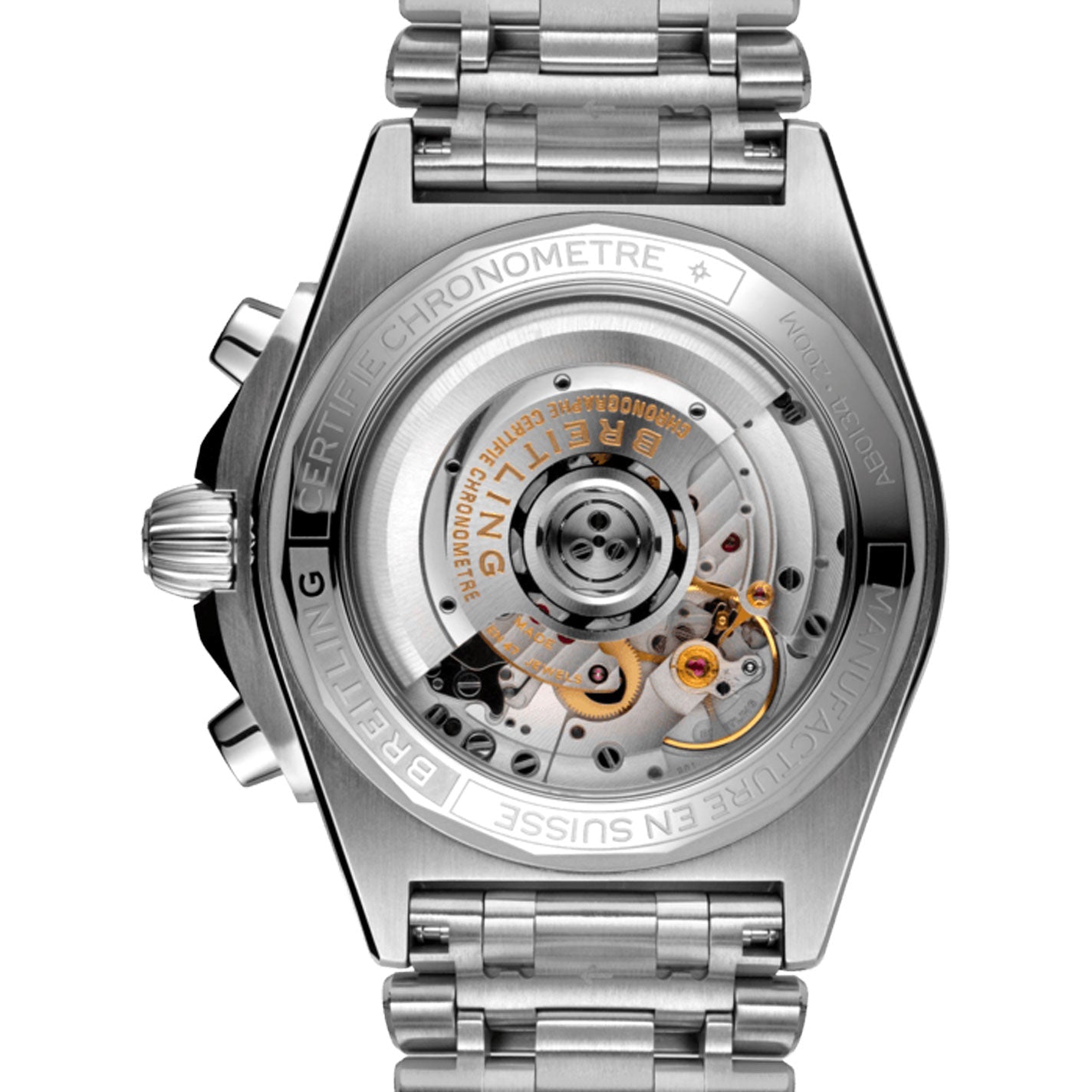 Close-up of the back of the BREITLING Chronomat B01 42, a luxury mechanical watch from Breitling, with a visible open case back showcasing its intricate movements and gears. It features a silver Rouleaux bracelet that captures the essence of craftsmanship and design.