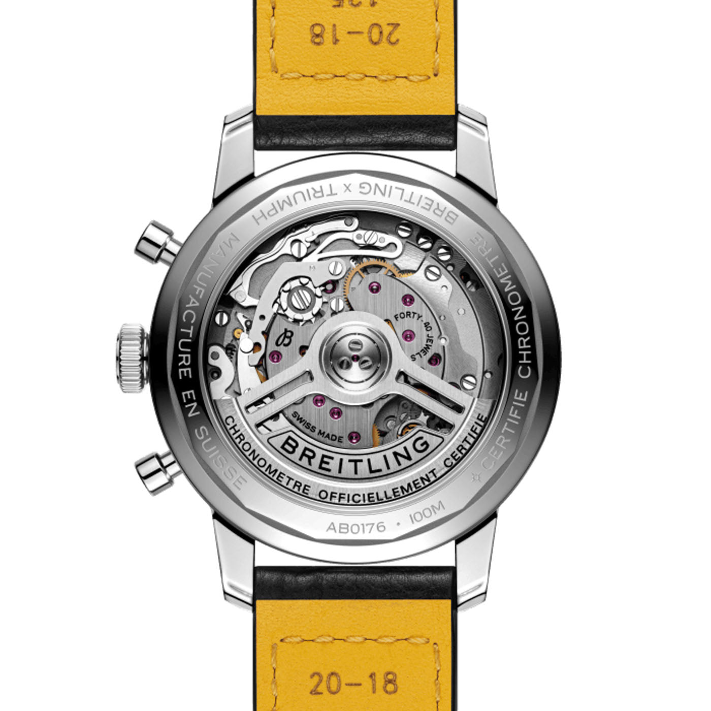 Close-up of the BREITLING Top Time B01 41 Triumph featuring a transparent case back with visible mechanical movement, “Breitling” engraved on the rotor, and a yellow leather strap stamped “20-18.”.