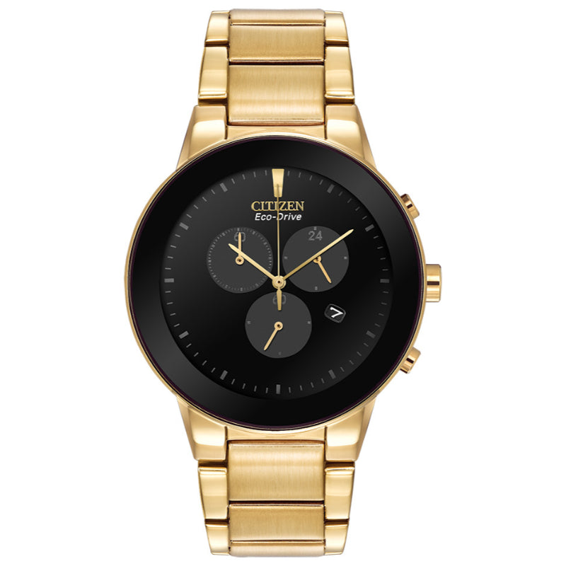 The CITIZEN Axiom Eco-Drive 43mm Watch by CITIZEN highlights a gold-tone stainless steel design with edge-to-edge glass and a black dial, complete with three subdials and minimalist hour markers. It features two side buttons and comes with a sleek gold metal bracelet.