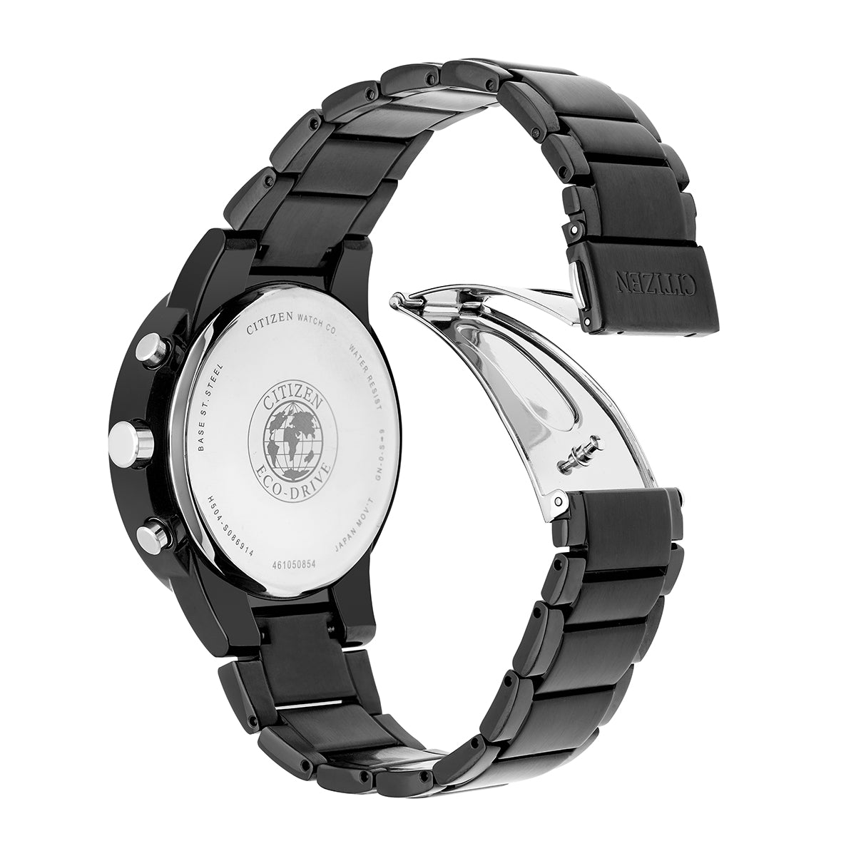 A CITIZEN Axiom Eco-Drive 42mm watch, featuring a metal bracelet in black with an open clasp, is displayed from the back to emphasize the engraved details on its chronograph case.