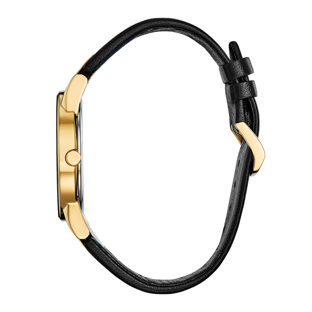 Side profile of the CITIZEN Axiom Eco-Drive 40mm Watch featuring a black leather strap and a gold-tone stainless steel case. The watch face is not visible, highlighting its sleek, minimalist design and emphasizing its Eco-Drive technology.