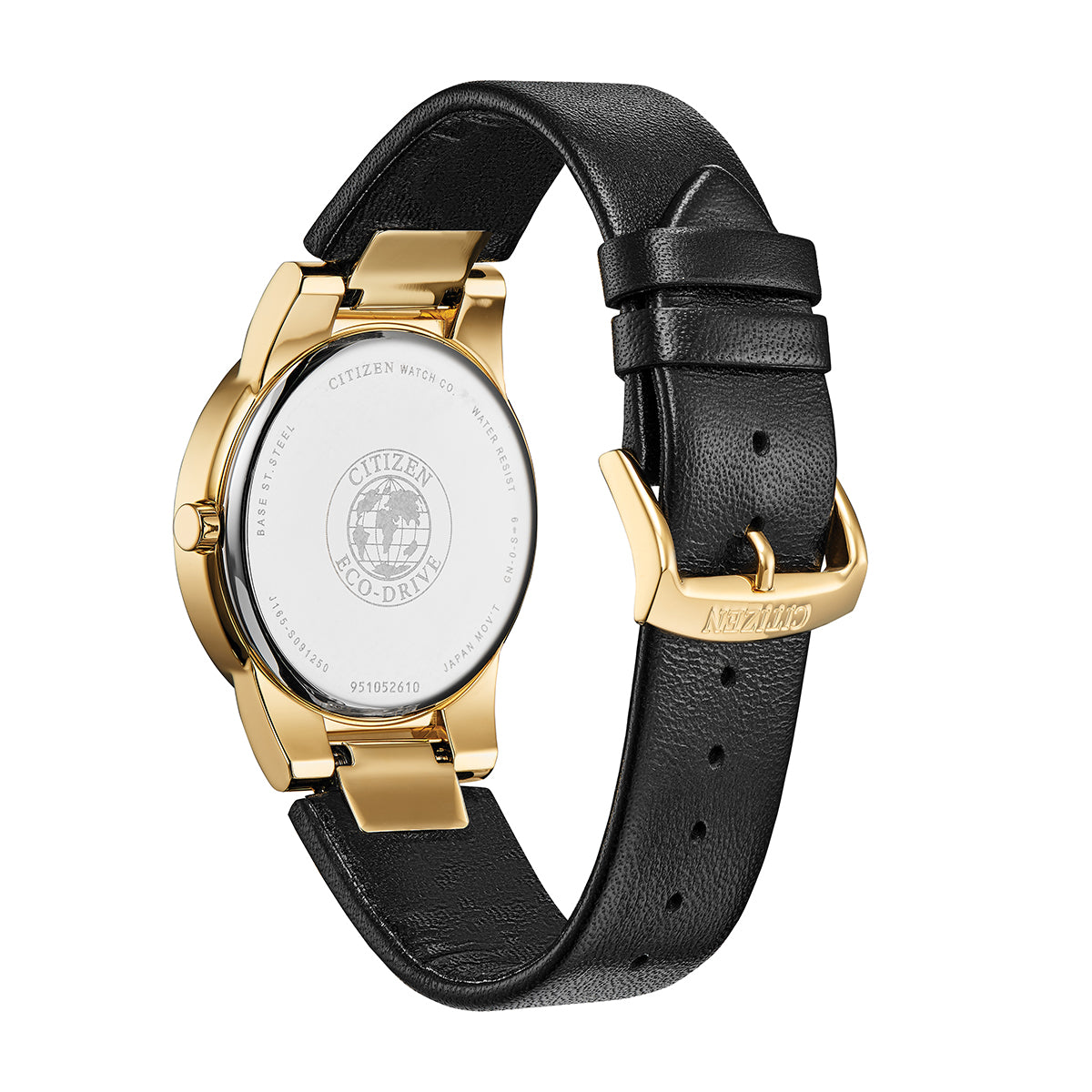 A CITIZEN Axiom Eco-Drive 40mm Watch is displayed from the back, featuring a black leather strap and gold-accented design. The silver backplate is engraved with the text "Citizen Eco-Drive" and an accompanying logo, highlighting its Eco-Drive technology. The gold-tone stainless steel case is perfectly matched by a gold buckle adorned with engraved lettering.
