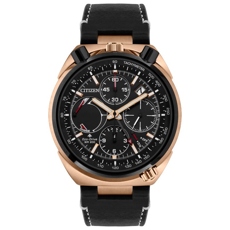 The CITIZEN Promaster Tsuno Chrono Racer Eco-Drive 45mm Watch is a sporty and elegant timepiece crafted by CITIZEN, featuring a black and gold design with a leather strap. This watch includes a tachymeter, multiple sub-dials, and a date display, showcasing the signature athletic elegance of the Tsuno Chrono Racer series.