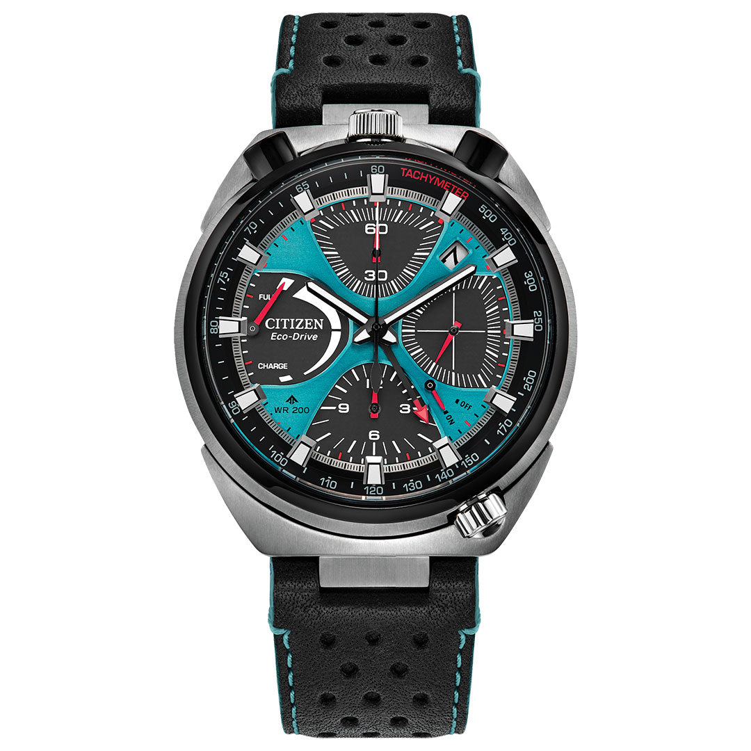 The CITIZEN Promaster Tsunoc Chrono Racer Limited Edition Eco-Drive 44.5mm watch features a black dial, silver case, teal accents, three subdials, tachymeter scale, and a black perforated leather strap with teal stitching.