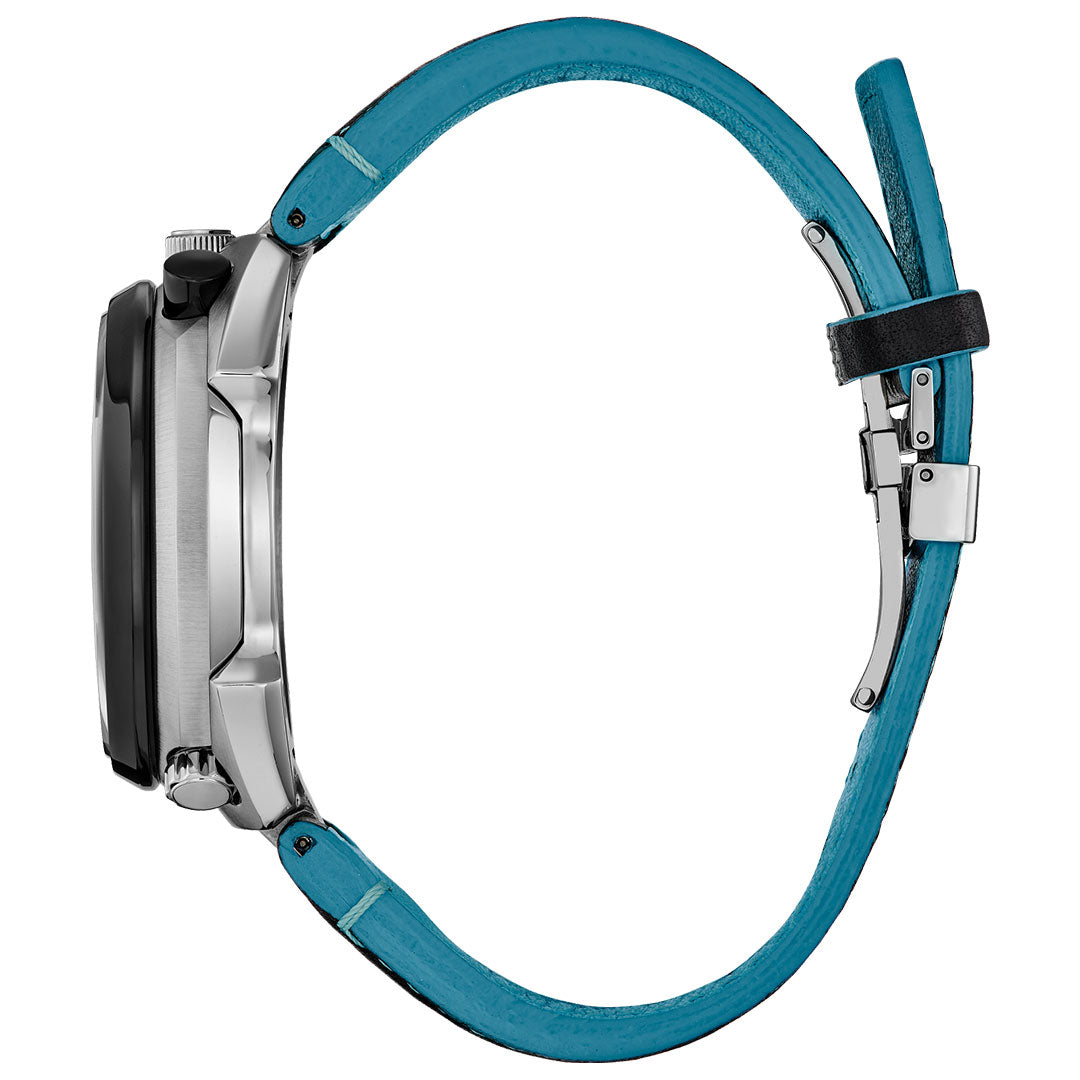 Side view of the CITIZEN Promaster Tsuno Chrono Racer Limited Edition Eco-Drive 44.5mm Watch, featuring a round silver case, black bezel, and teal leather strap with a black clasp buckle. Watch face is not shown.