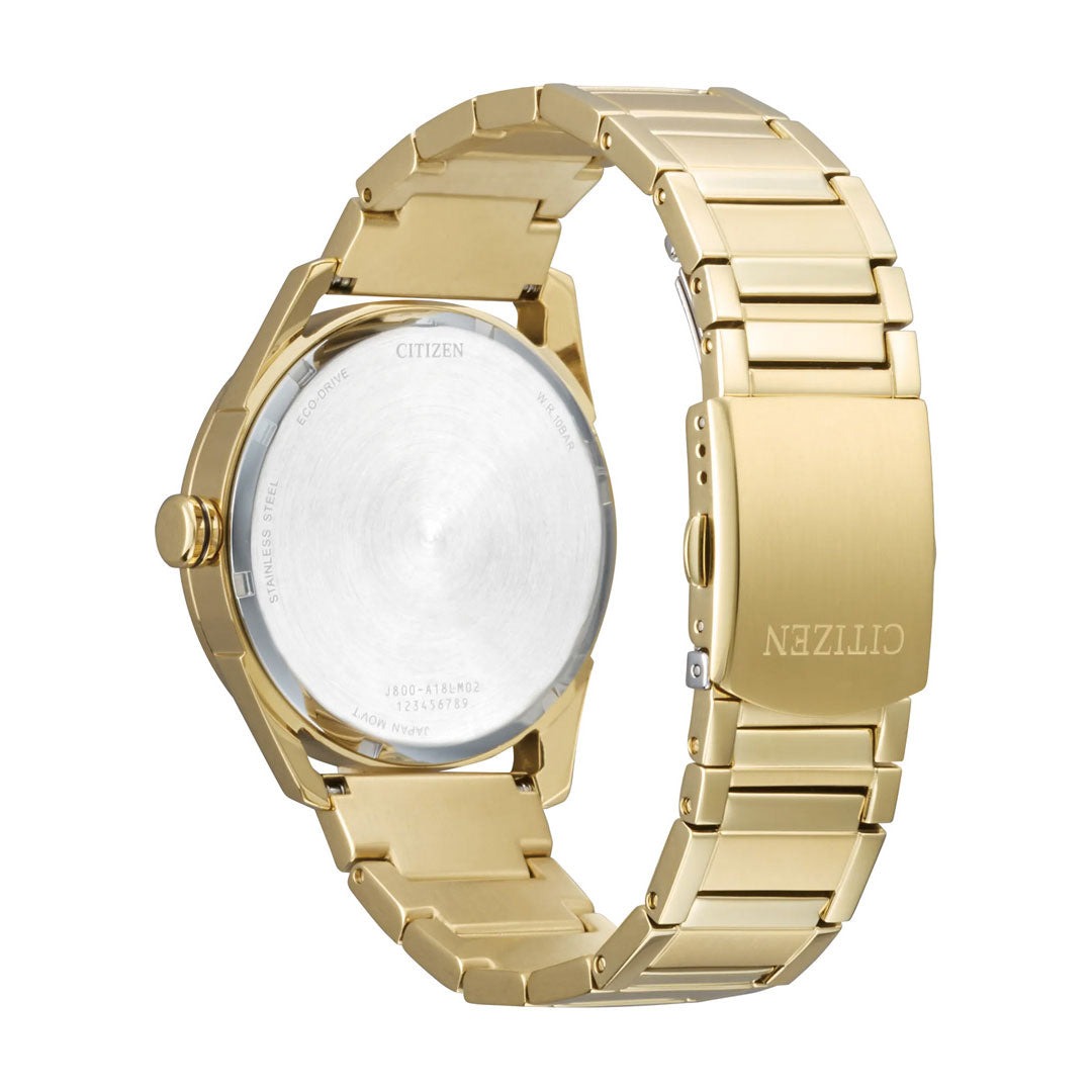 The CITIZEN Dress Classic Eco-Drive 42mm Watch is shown from the back, highlighting the engraved branding on the clasp and the detailed case back. This timepiece features a yellow gold-tone stainless steel link bracelet and a round case. As part of CITIZEN’s Eco-Drive collection, it also offers 100 metres of water resistance for enhanced durability.
