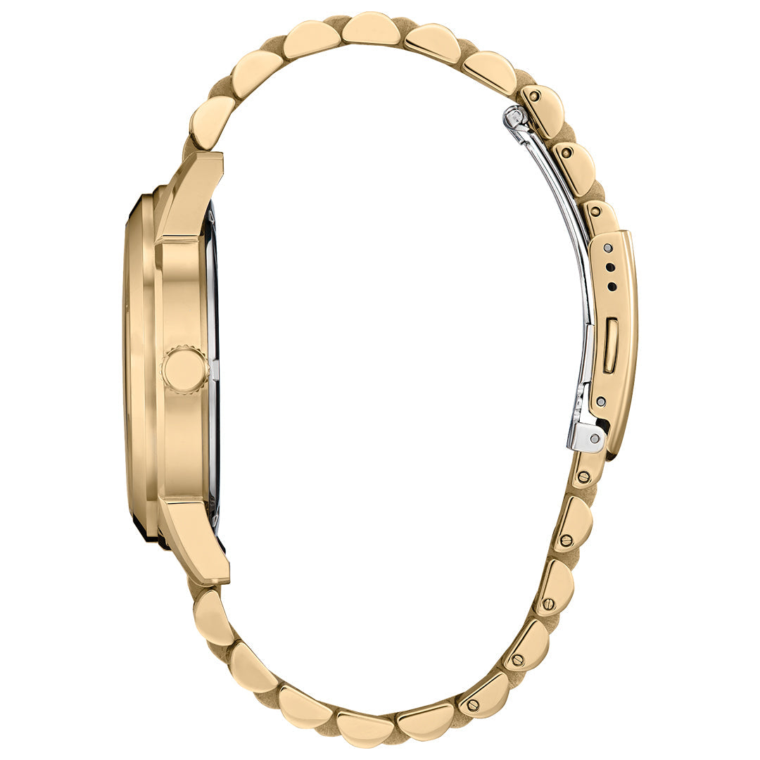 A side view of the CITIZEN Rolan Eco-Drive 40.5mm Watch in a retro style shows its gold metallic strap and clasp. The round case features a textured band with heart-shaped links, and the crown is on the left, creating a vintage-inspired look.