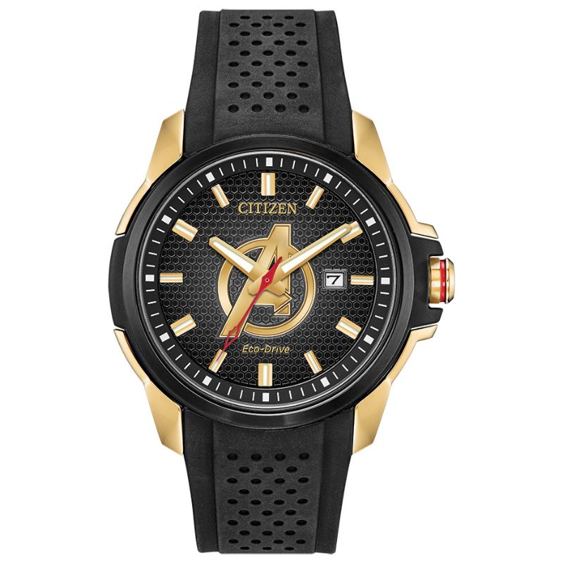 Introducing the CITIZEN Marvel Avengers Eco-Drive 44mm Watch, a striking black and gold timepiece that elegantly combines style with functionality. Featuring a perforated strap and a prominent "A" on the face as a nod to the Avengers, this Citizen watch incorporates Eco-Drive technology. Its design is completed by red accents on the side and includes a practical date window.