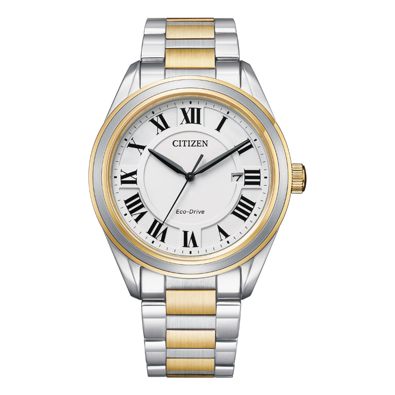 The CITIZEN Fiore Eco-Drive 40mm Watch showcases a refined two-tone bracelet band in silver and gold. Its white dial is accentuated by black Roman numerals and a date display, while the tasteful gold bezel enhances its charm, making it a remarkable piece for any man's collection.