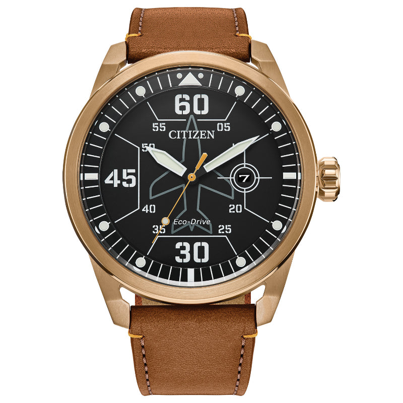 Introducing the CITIZEN Avion Eco-Drive 44mm Watch, designed for those who appreciate a stylish vintage aesthetic. This timepiece features a chic brown leather strap and an elegant gold-tone case. Its black dial is adorned with prominent white numerals, a date window at three o'clock, and a distinctive triangular design at its center, making it the perfect choice for any Avion Weekender enthusiast.