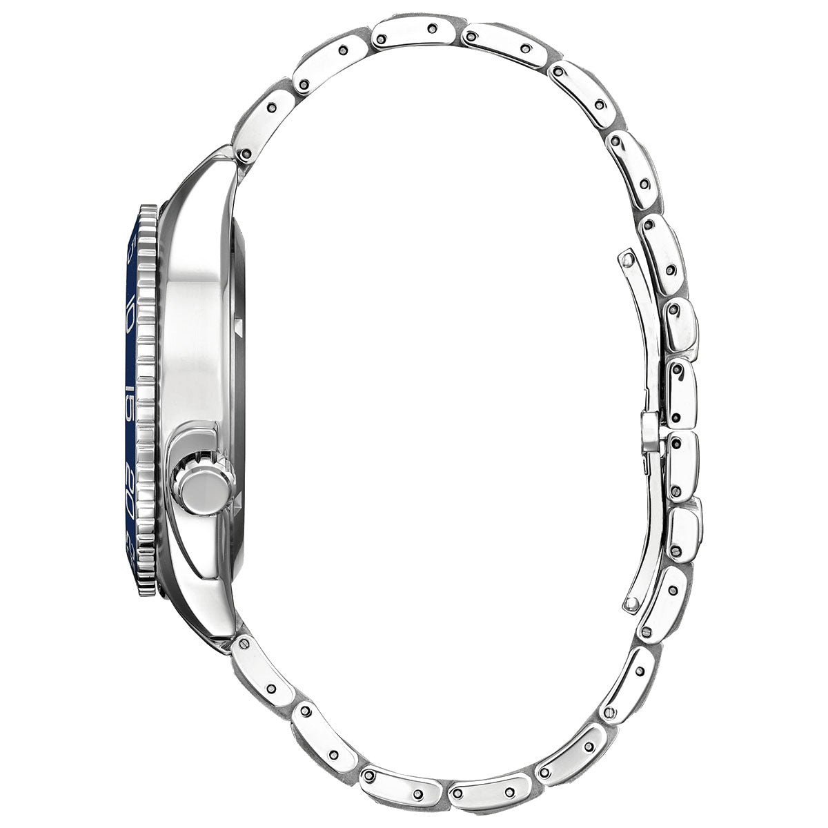 A side view of the CITIZEN Carson Eco-Drive 42mm Watch, featuring a silver wristwatch with a metal link band. The timepiece includes a blue bezel, a crown on the right side, and a clasp on the band. It is showcased against a white background.