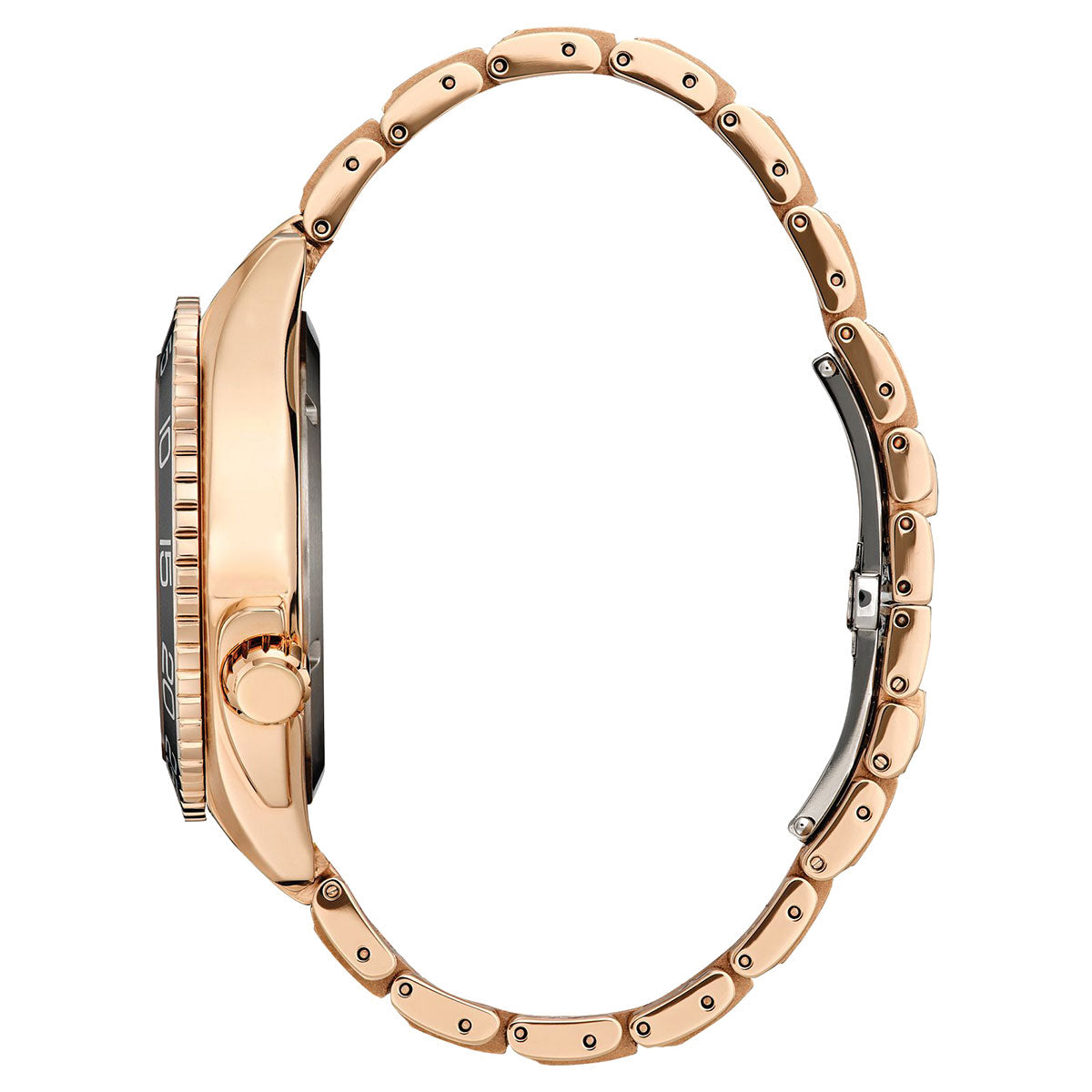 Side view of the CITIZEN Carson Eco-Drive 42mm Watch, featuring a gold linked metal band and black face, highlighting the case thickness and bracelet profile. Band is arranged in a semicircular shape.