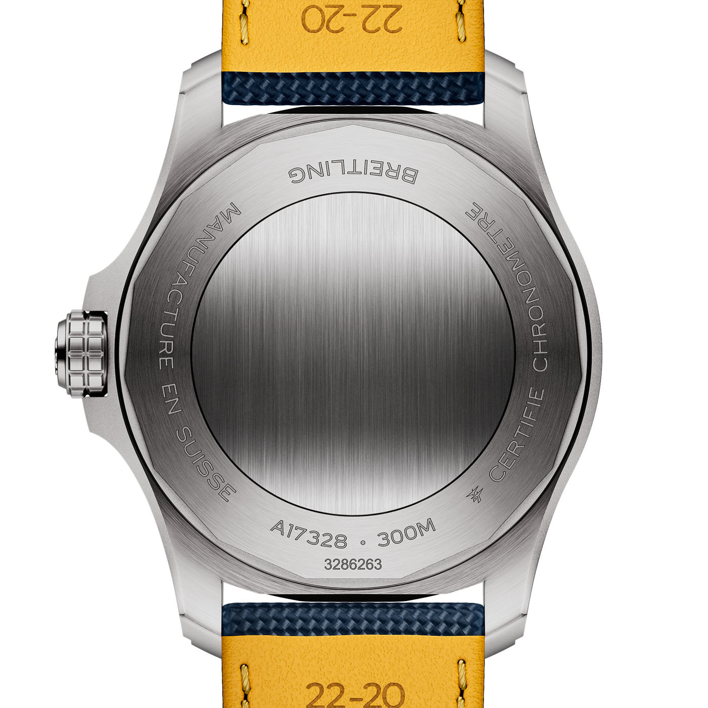 Rear view of the luxurious BREITLING Avenger Automatic 42 wristwatch, featuring a stainless steel case with engravings like "Manufacture en Suisse," "300M," and model numbers. This watch, showcasing ultimate functionality, is paired with a yellow leather strap trimmed in blue from the renowned brand Breitling.