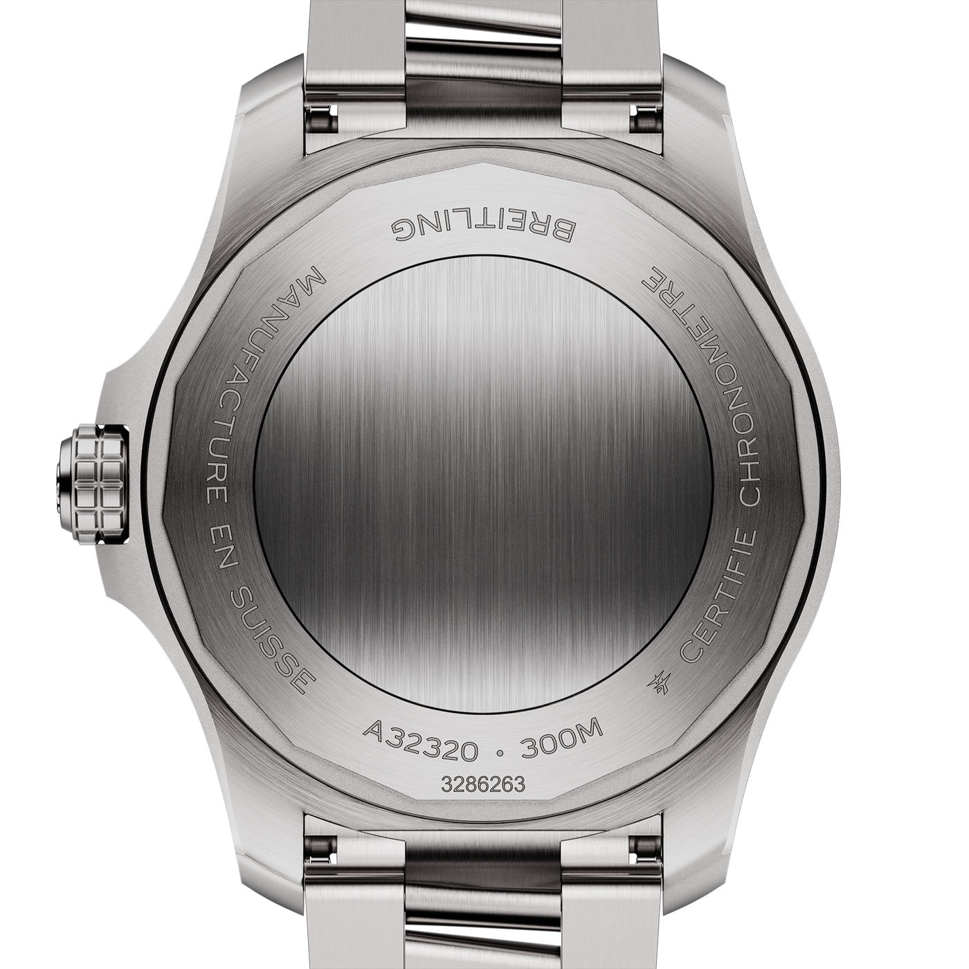 The image shows the back of a BREITLING Avenger Automatic GMT 44 wristwatch, featuring a metal casing and bracelet. It includes text indicating water resistance up to 300 meters and displays a serial number, along with "Manufacture en Suisse" and "Certifie Chronometre," highlighting its robust functionality.